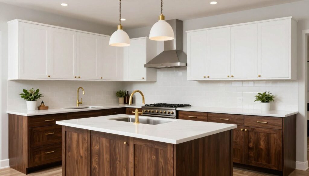 Two-tone kitchen with dark walnut lower cabinets and white painted upper cabinets