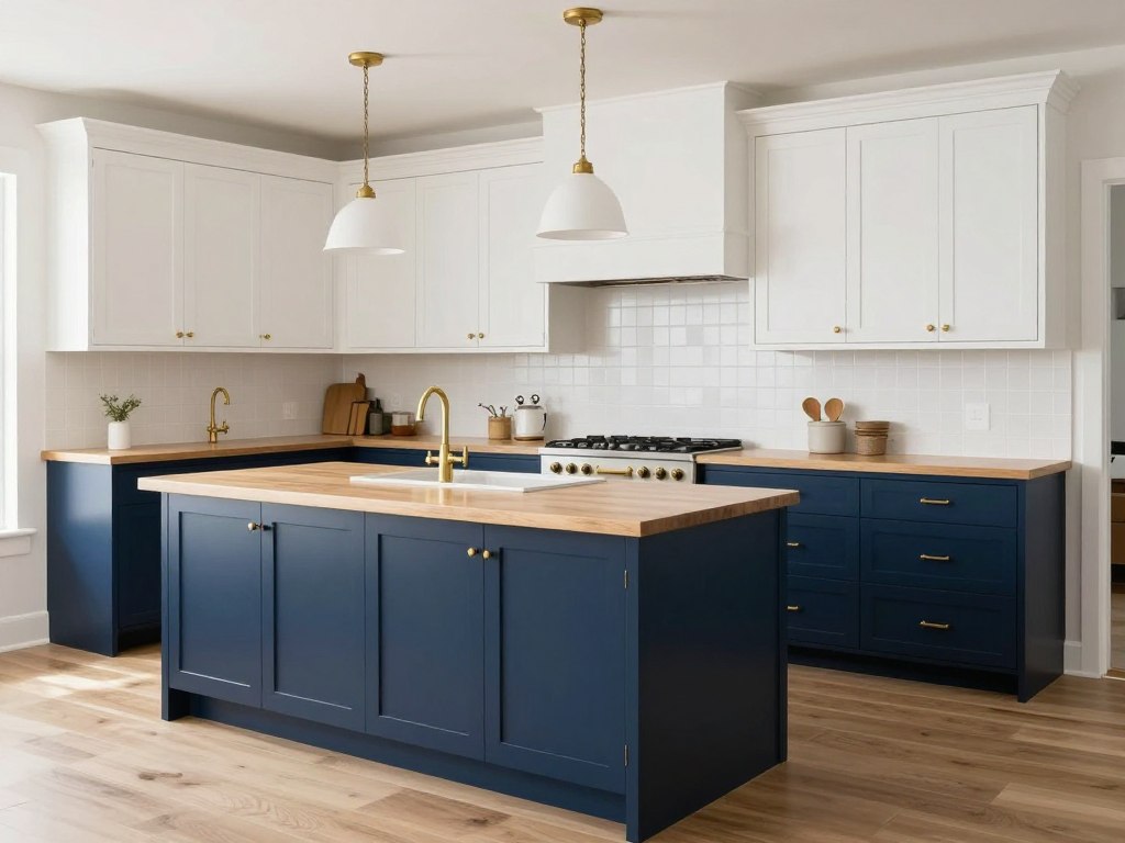 Two-toned kitchen with dark navy lower cabinets and white upper cabinets creating visual interest and depth