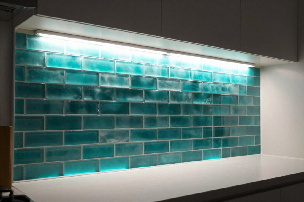 Under-cabinet lighting illuminating sea glass backsplash creating glowing effect