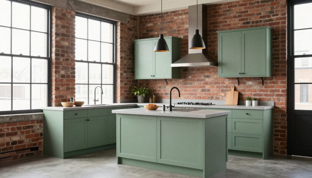 Urban loft kitchen with sage green farmhouse cabinets and industrial elements