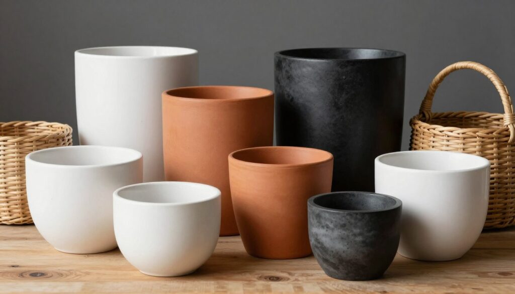 Variety of stylish planters in different materials including ceramic, terracotta, and modern concrete designs, NO PEOPLE, NO HUMANS, NO HANDS