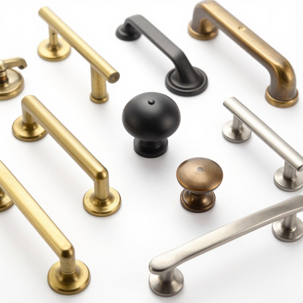 Various cabinet hardware styles displayed including brass pulls, black knobs, and brushed nickel handles