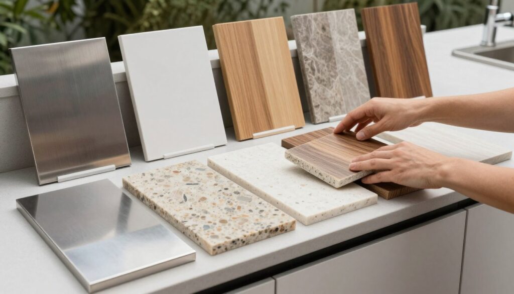 Various outdoor kitchen materials including stainless steel and stone