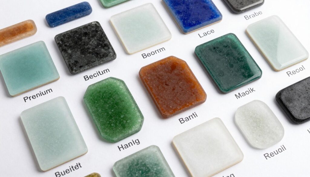 Various sea glass tile samples showing different price points and quality levels