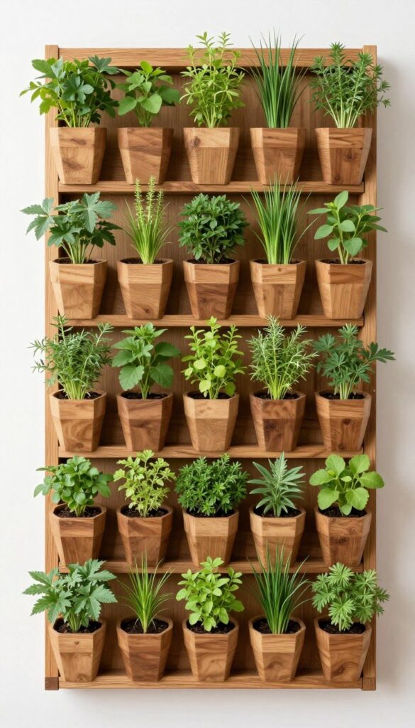 Vertical garden wall with herbs and small plants on balcony