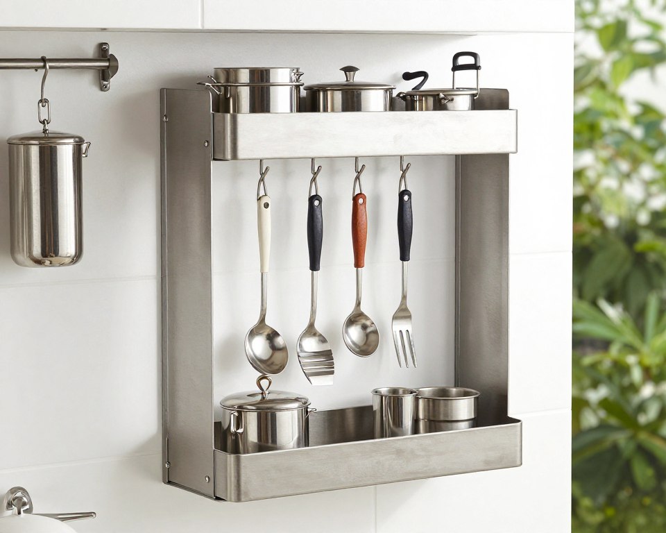 Vertical storage solutions in compact outdoor kitchen with wall-mounted shelves and hooks