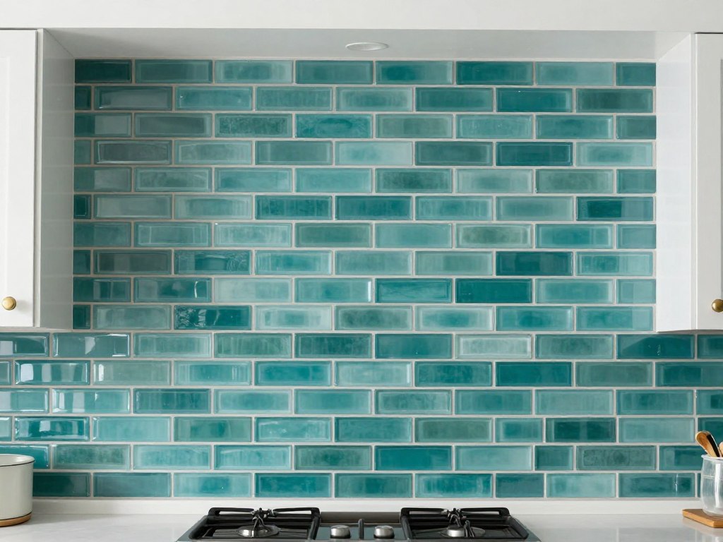 Vertical subway tile pattern with sea glass tiles in modern kitchen