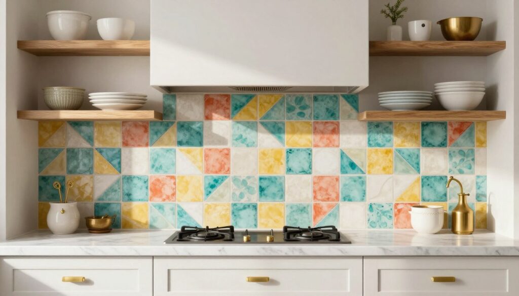 Vibrant patterned tile backsplash featuring geometric designs in blues, yellows, and greens behind white countertops