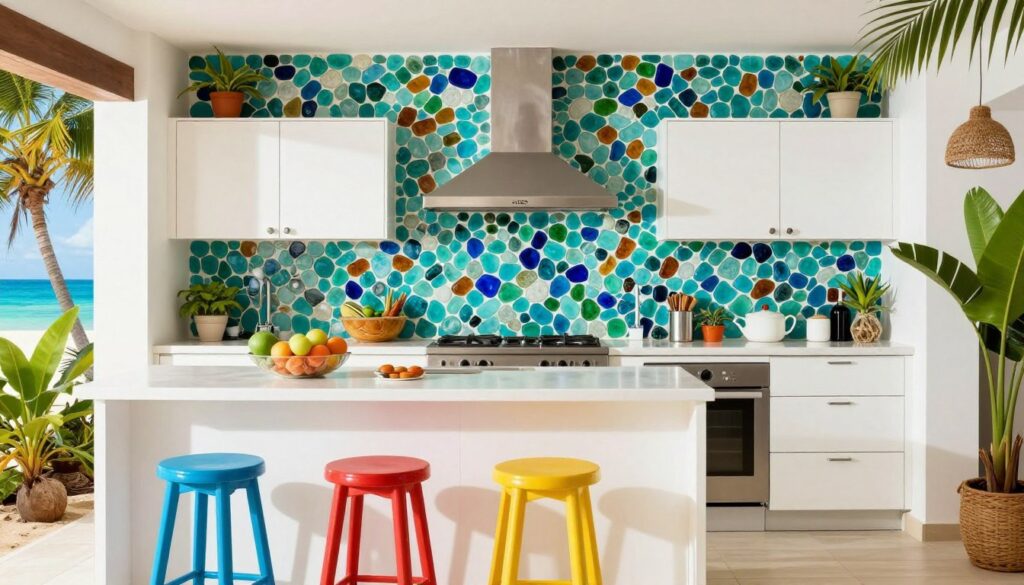Vibrant tropical kitchen with multi-colored sea glass mosaic backsplash