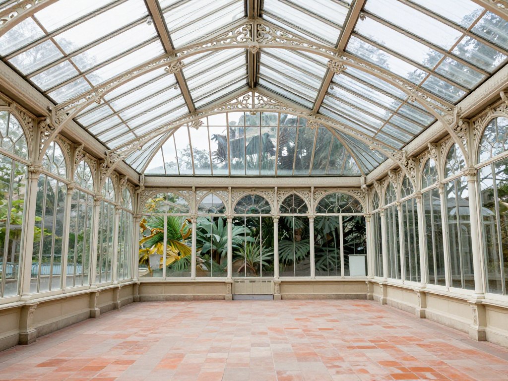 Victorian conservatory sunroom with ornate white framework and glass ceiling, empty elegant space