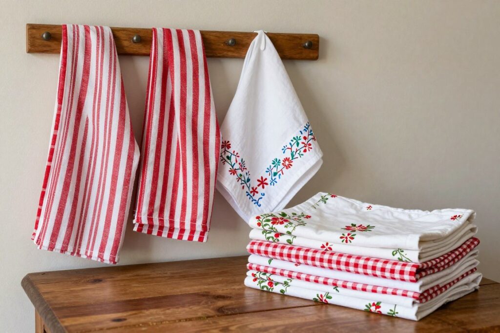 Vintage flour sack towels and linens with embroidered details hanging in farmhouse kitchen