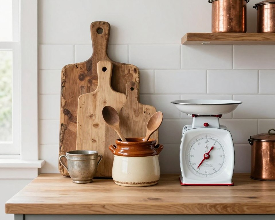 Vintage kitchen accessories including antique scales, cutting boards, and ceramic crocks displayed on countertop