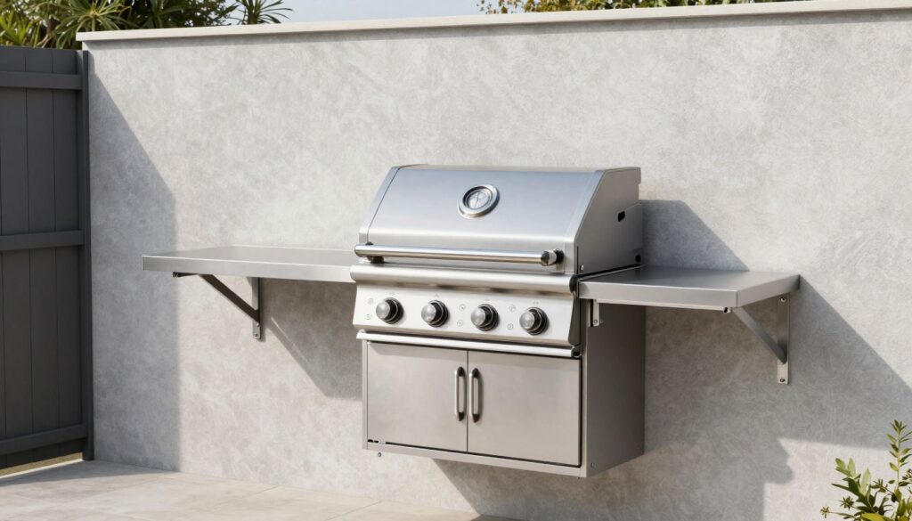 Wall-mounted compact outdoor kitchen on patio wall