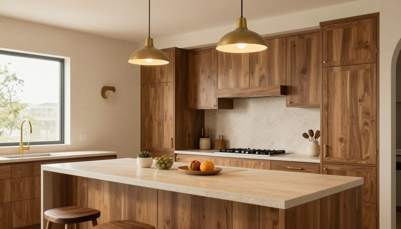 Warm and inviting modern kitchen with natural wood cabinets and warm ambient lighting