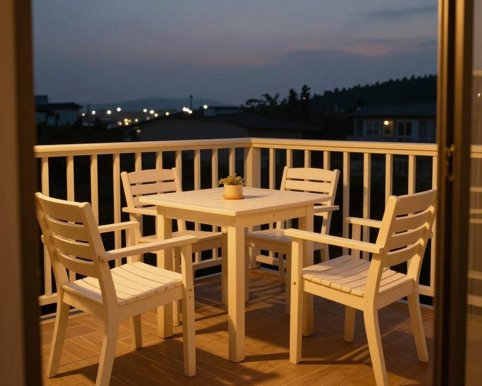 Warm-toned lighting creating cozy atmosphere on balcony at dusk