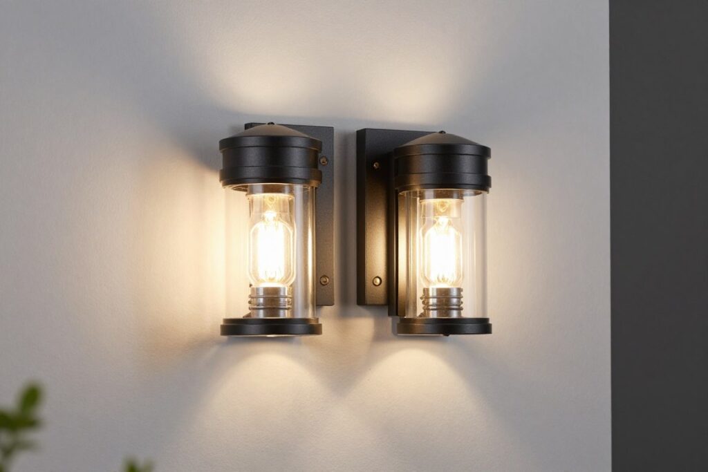 Weather-resistant outdoor lighting fixtures on balcony