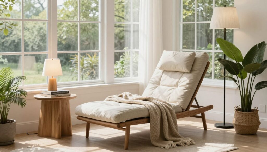 Weatherproof chaise lounge in sunroom reading nook, NO PEOPLE, NO HUMANS, NO HANDS