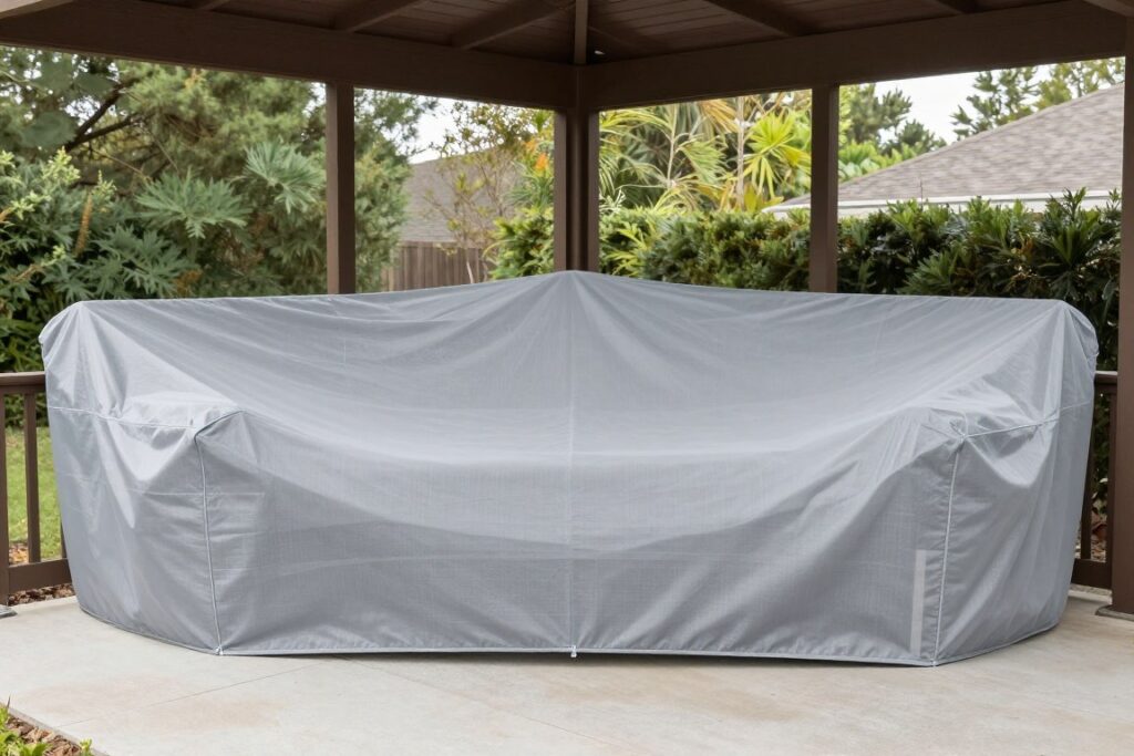 Weatherproof furniture covers protecting sunroom pieces, NO PEOPLE, NO HUMANS, NO HANDS
