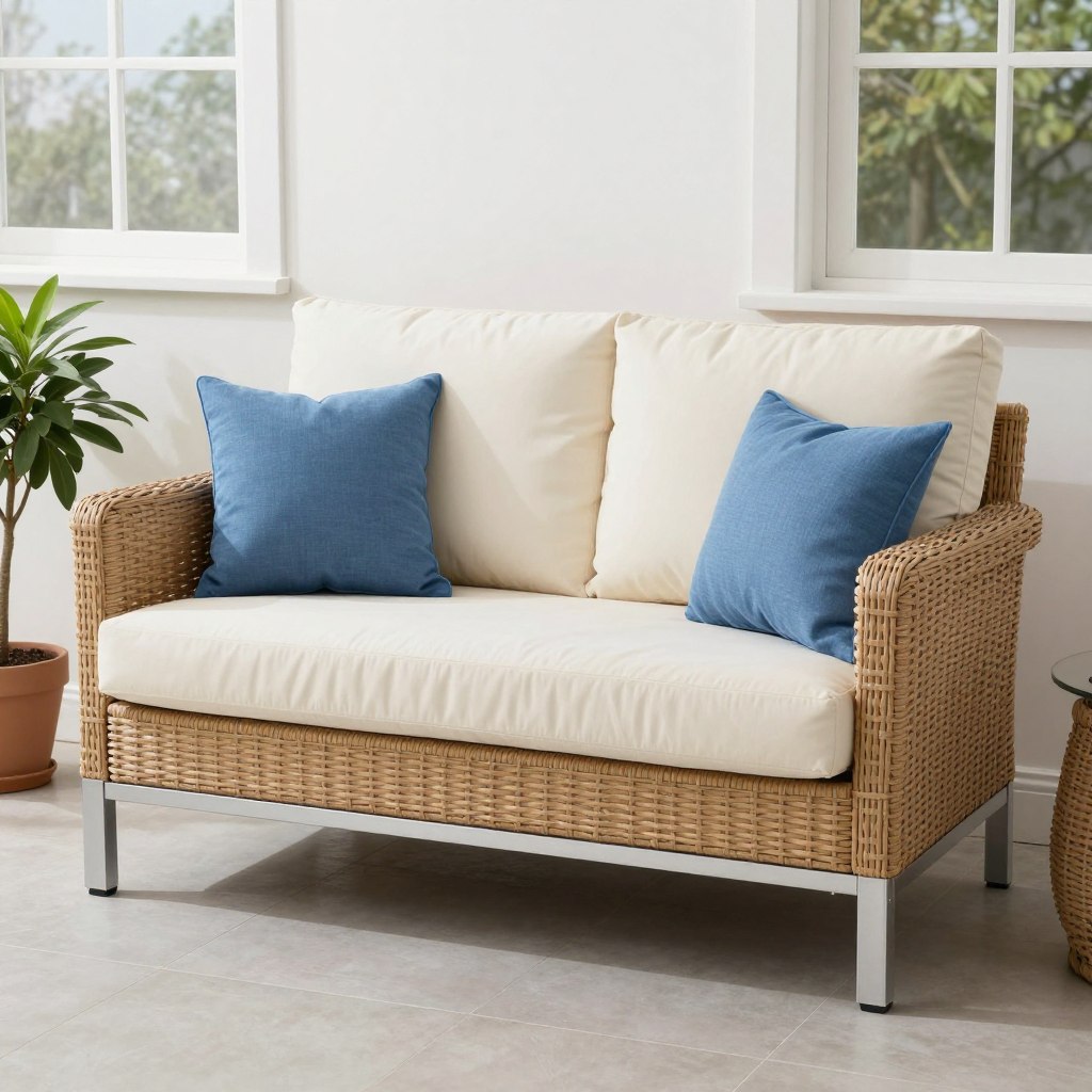 Weatherproof loveseat with plush cushions in sunroom, NO PEOPLE, NO HUMANS, NO HANDS