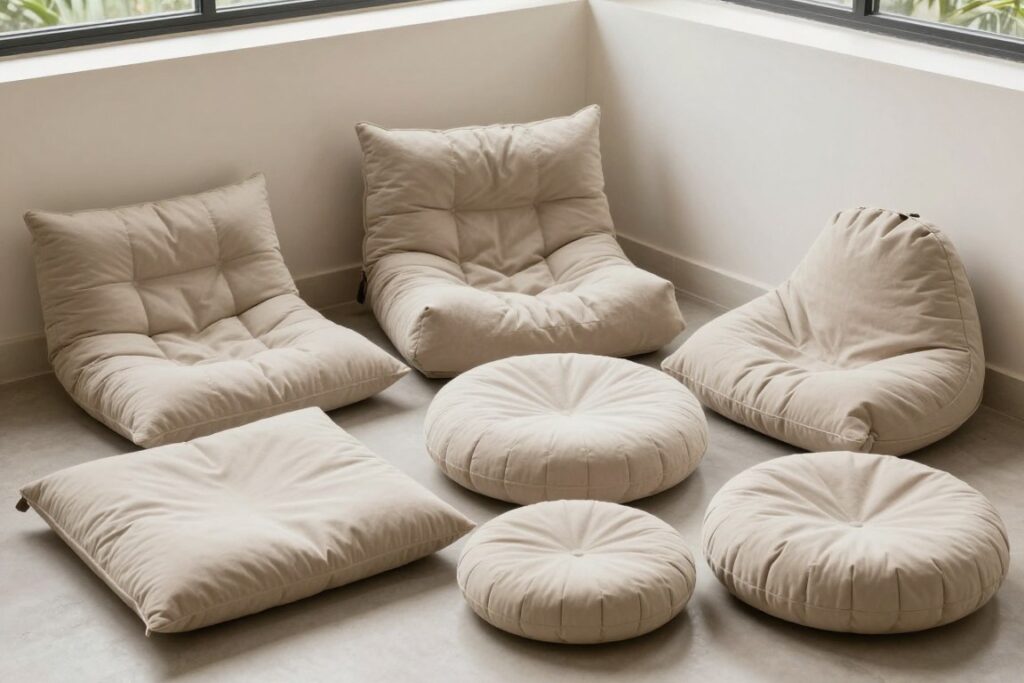 Weatherproof meditation cushions in various sizes, NO PEOPLE, NO HUMANS, NO HANDS