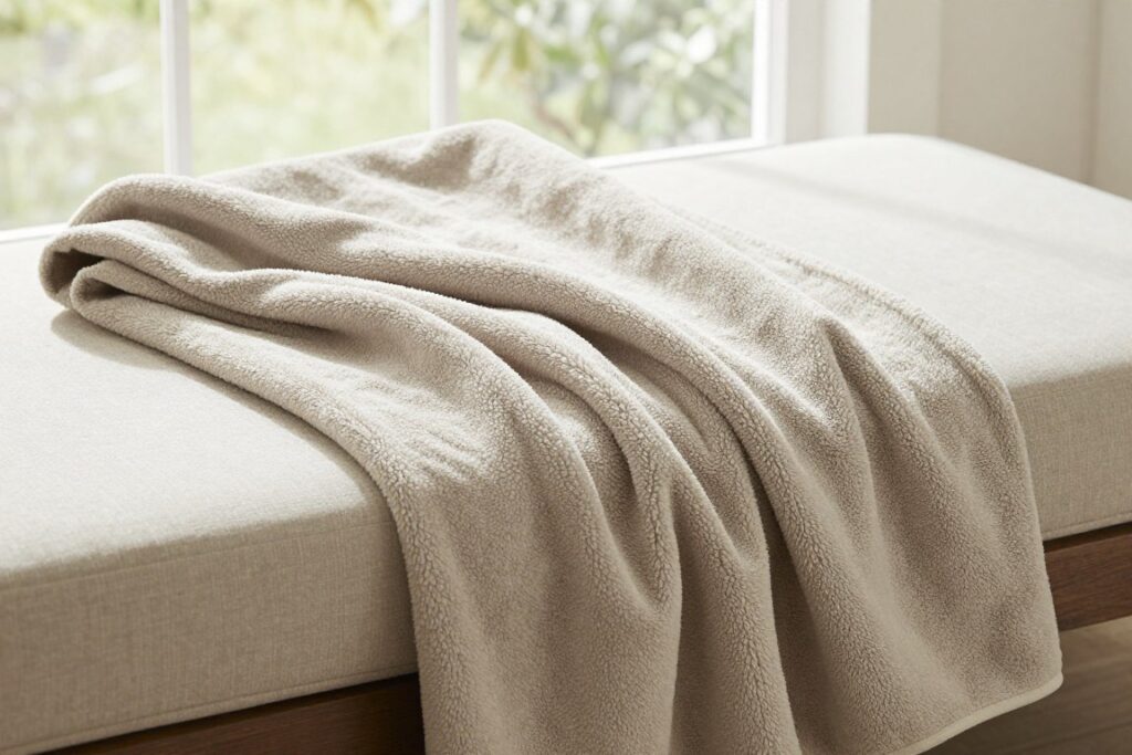 Weatherproof outdoor throw blanket on chaise, NO PEOPLE, NO HUMANS, NO HANDS