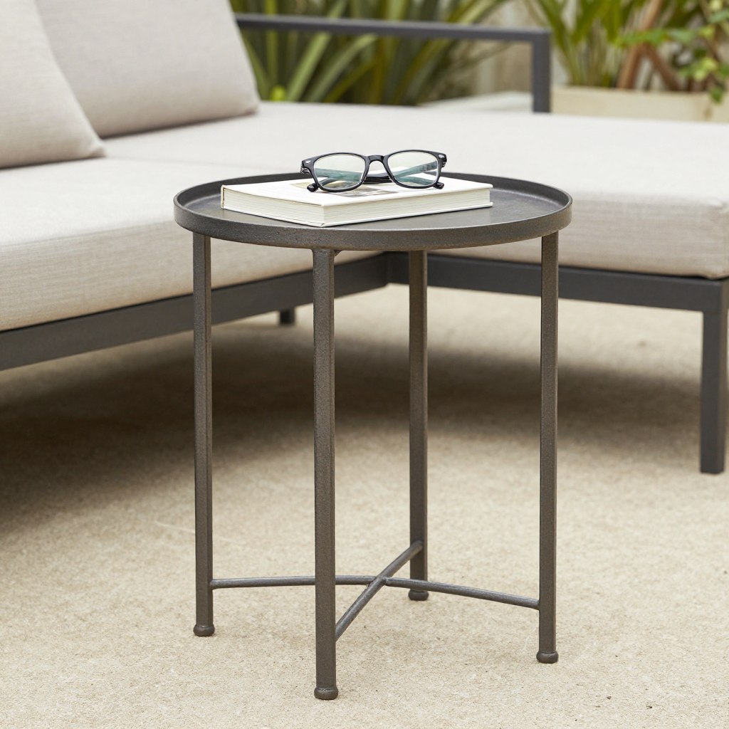 Weatherproof side table next to reading chair, NO PEOPLE, NO HUMANS, NO HANDS