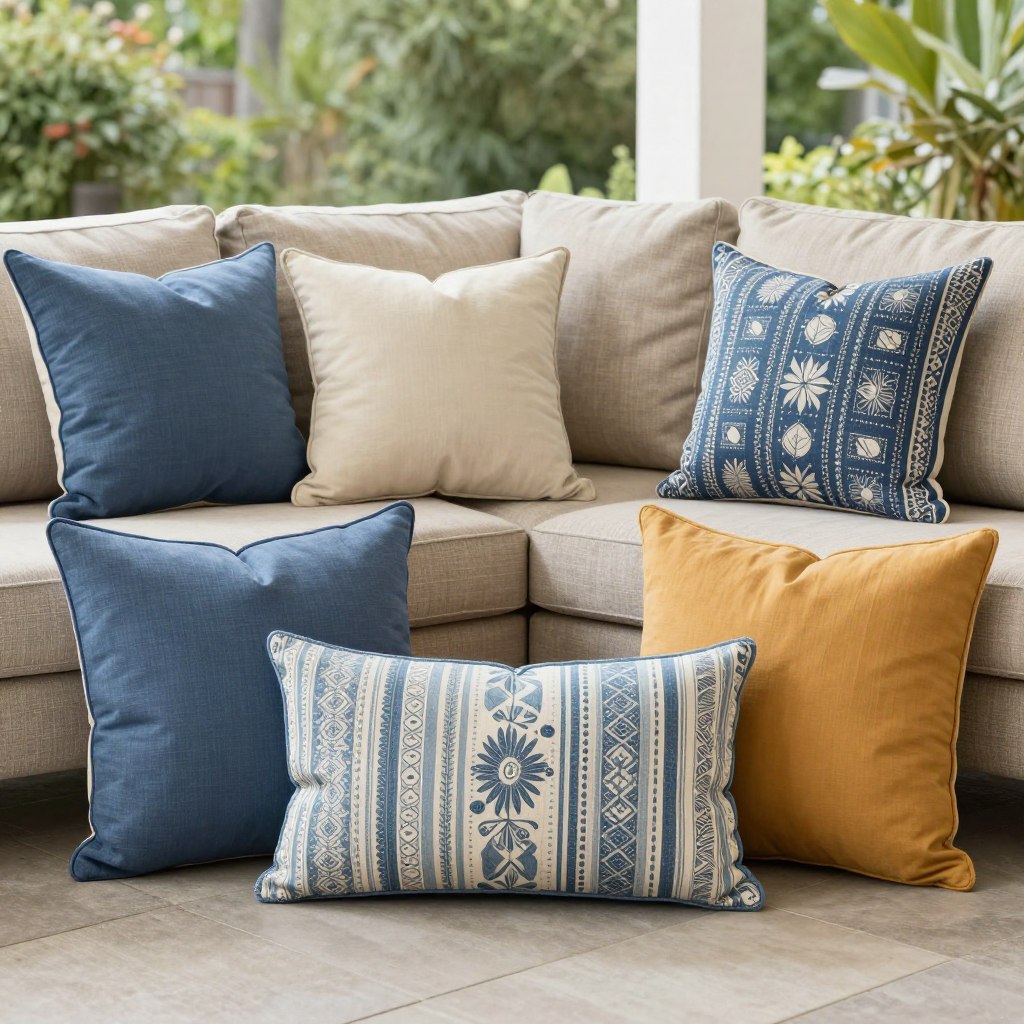 Weatherproof throw pillows in coordinating colors, NO PEOPLE, NO HUMANS, NO HANDS
