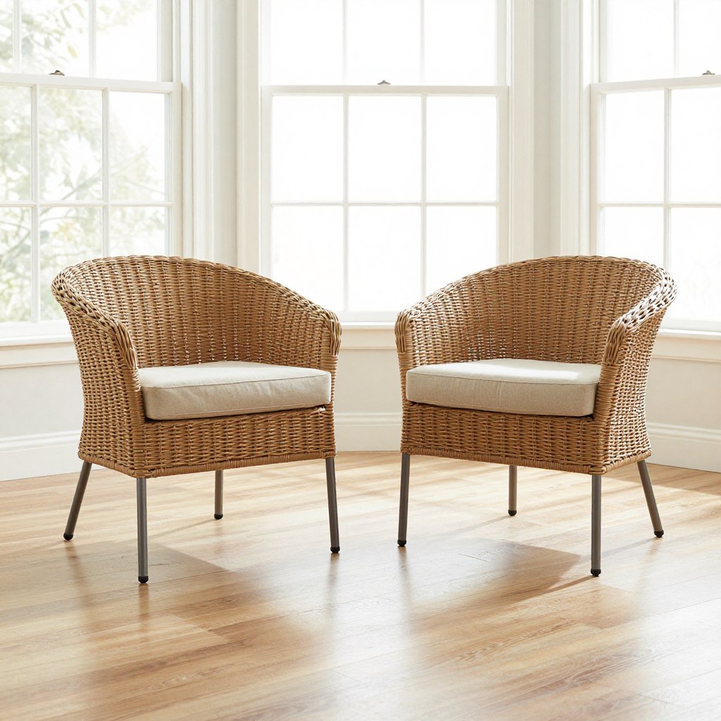 Weatherproof wicker accent chairs set in modern sunroom, NO PEOPLE, NO HUMANS, NO HANDS