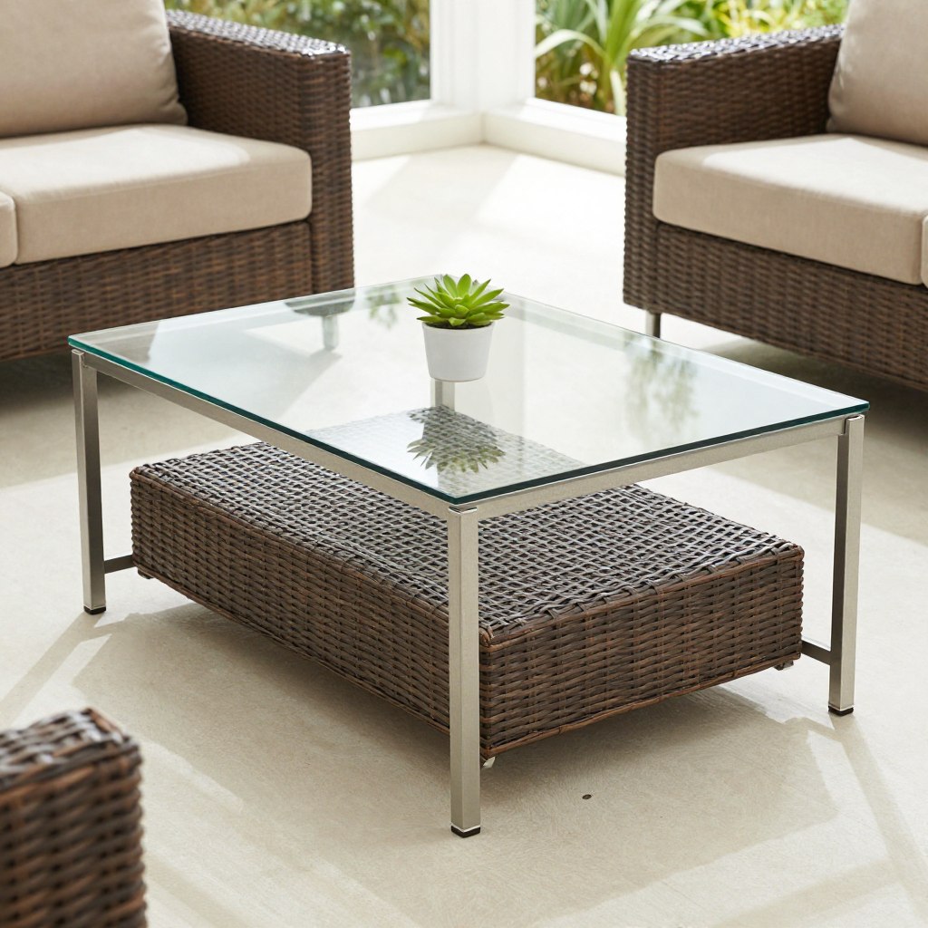 Weatherproof wicker coffee table with glass top, NO PEOPLE, NO HUMANS, NO HANDS
