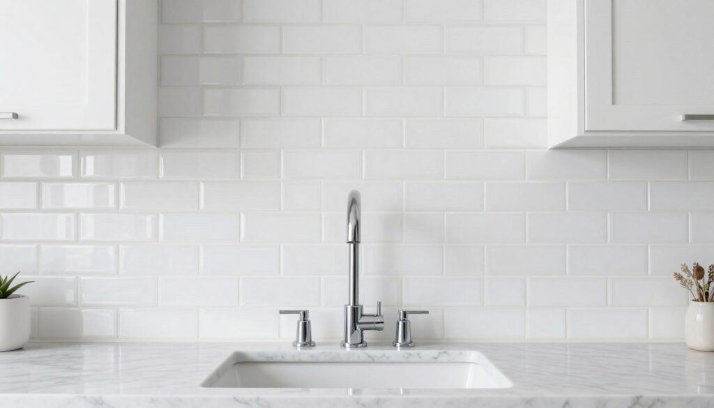 White and clear sea glass subway tile backsplash in bright modern kitchen