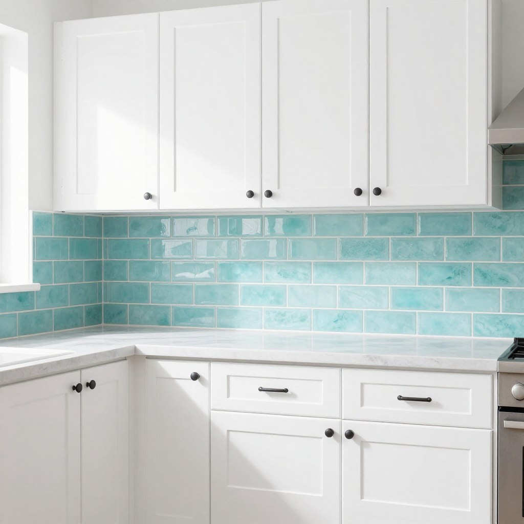 White cabinets with sea glass backsplash creating bright coastal look