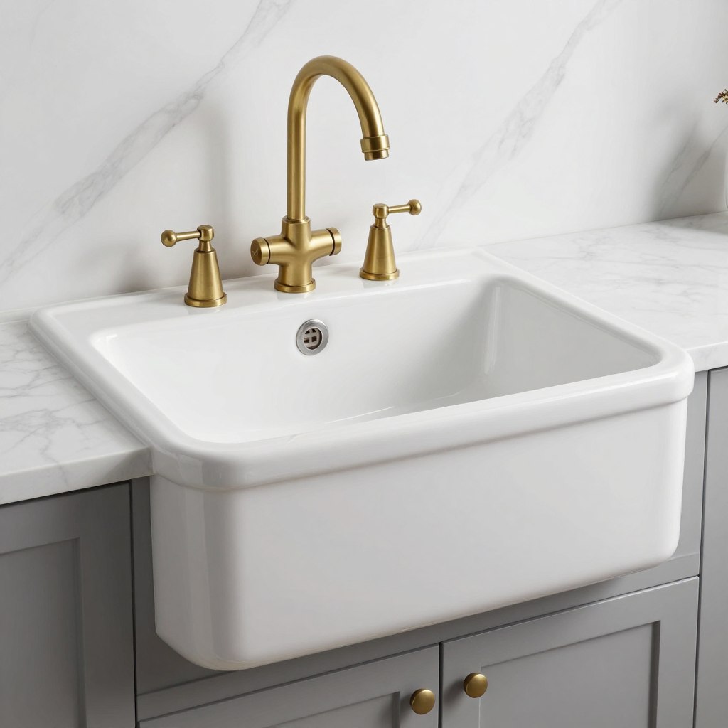 White fireclay farmhouse sink with brass faucet