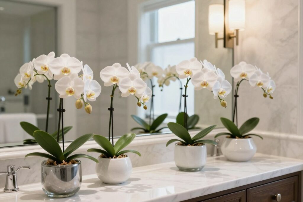 White orchids displayed on marble bathroom countertop with elegant planters