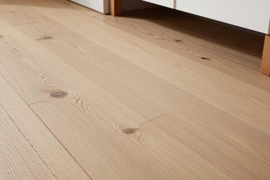 Wide plank wood flooring in cottage kitchen