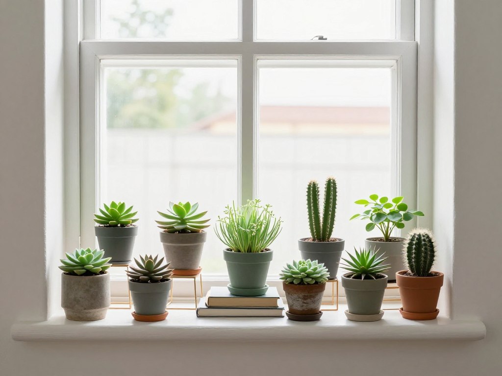 Window sill arrangement with multiple small plants at varying heights creating an attractive display, NO PEOPLE, NO HUMANS, NO HANDS