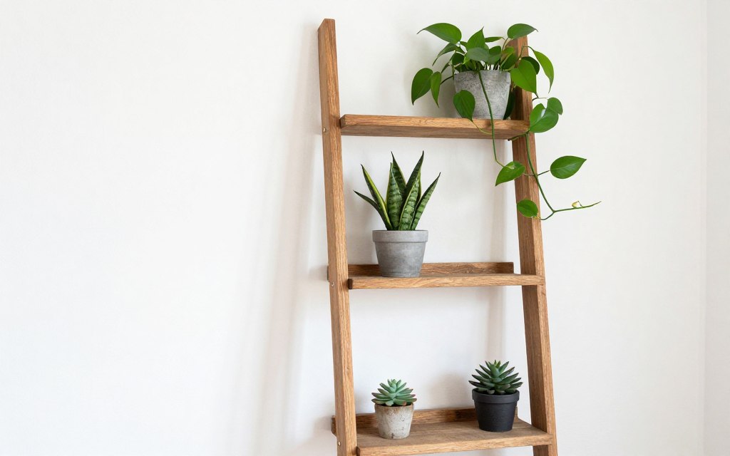 Wood ladder shelf with multiple plants arranged at different heights creating vertical garden display, NO PEOPLE, NO HUMANS, NO HANDS