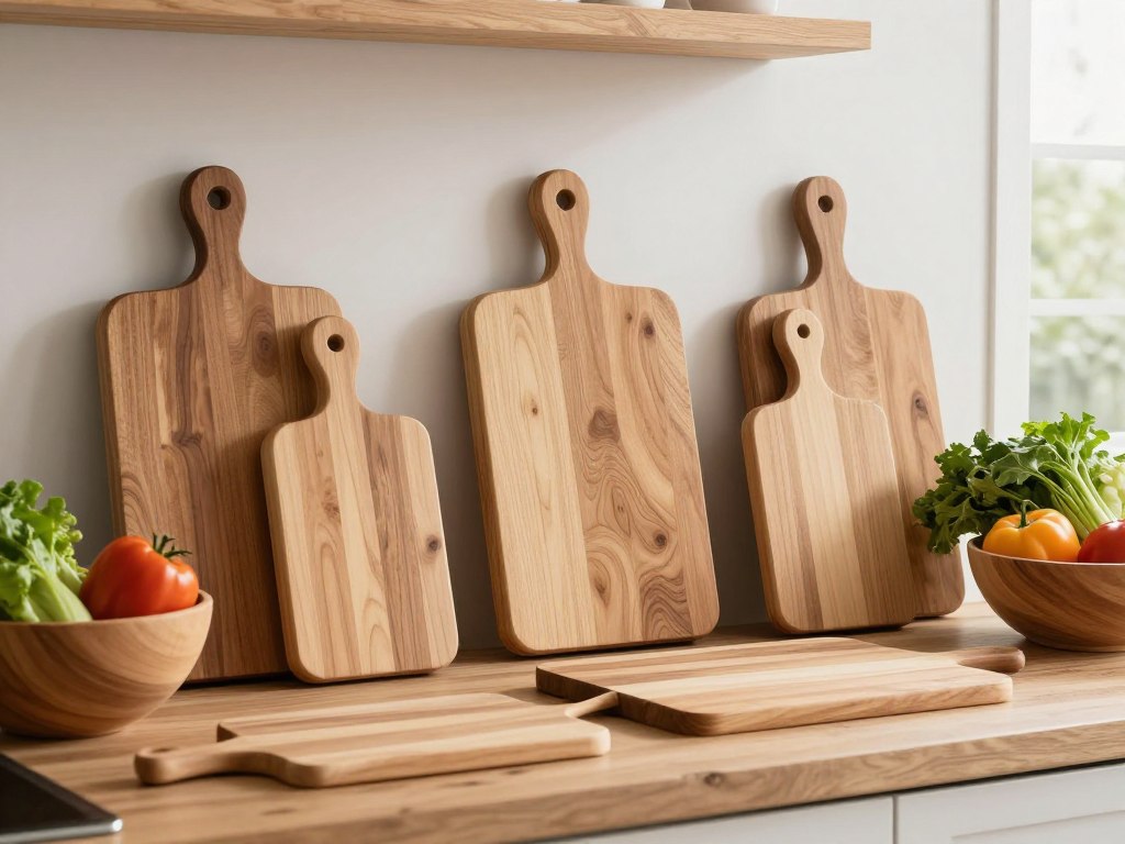 Wooden cutting boards and bowls displayed on kitchen counter with fresh produce