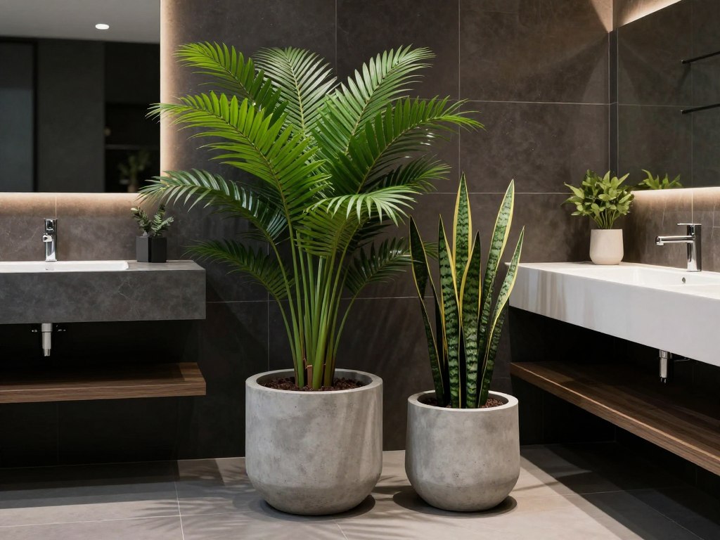 ZZ plant and snake plant arrangement in modern luxury bathroom