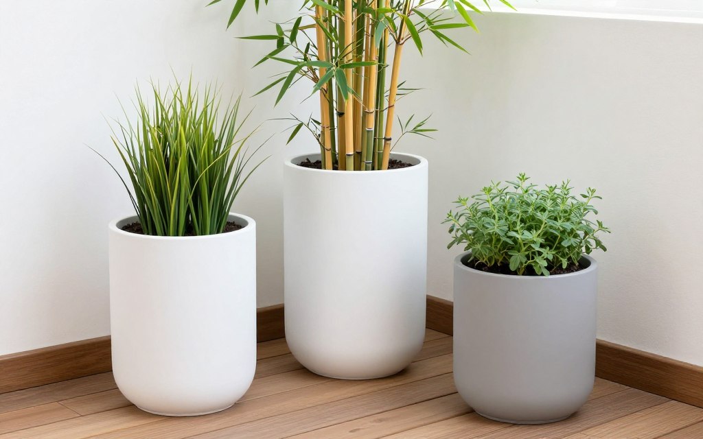 arrangement of three matching planters with various plants
