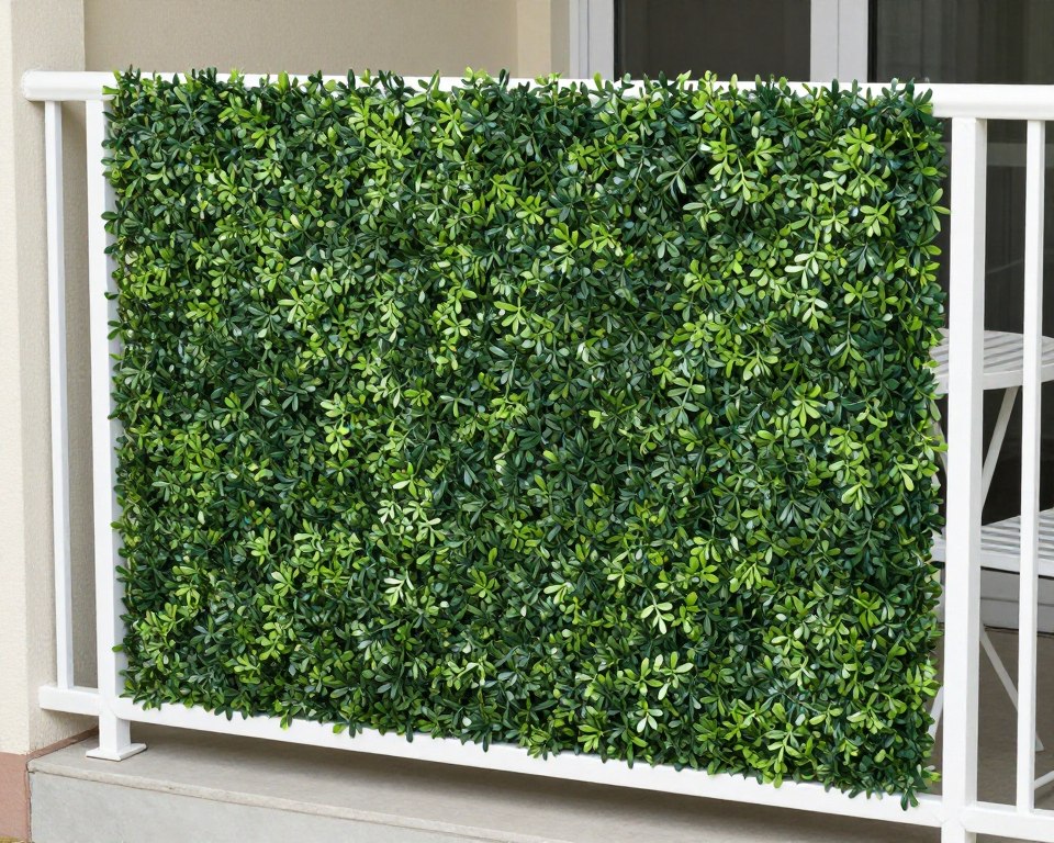 artificial hedge panel attached to balcony railing creating green privacy wall