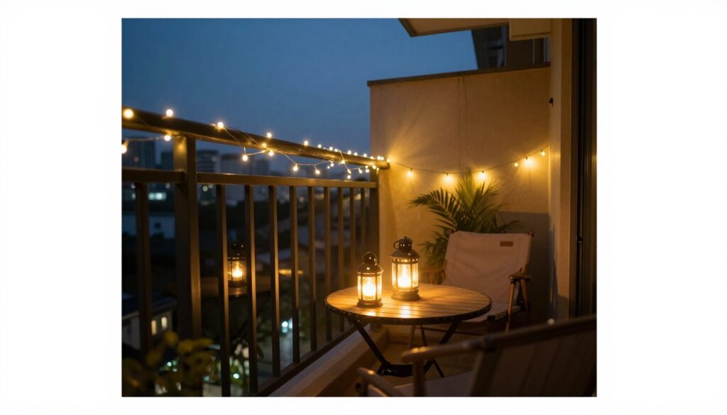 balcony at dusk with string lights and lanterns creating ambient privacy lighting