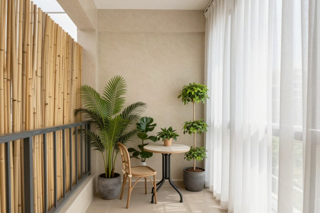 balcony showing layered privacy solutions with plants, screens, and curtains