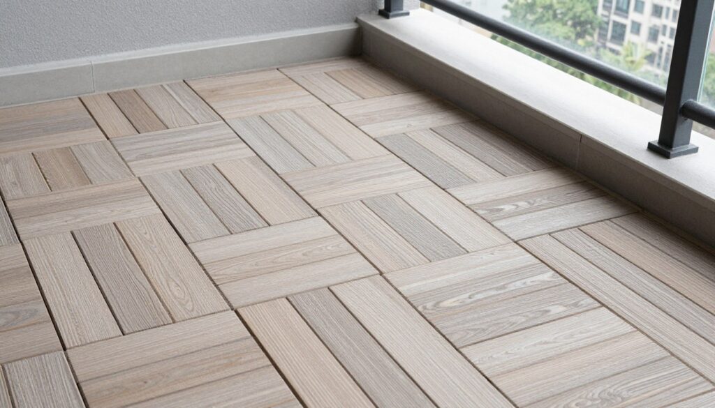 balcony with interlocking wood deck tiles creating clean floor