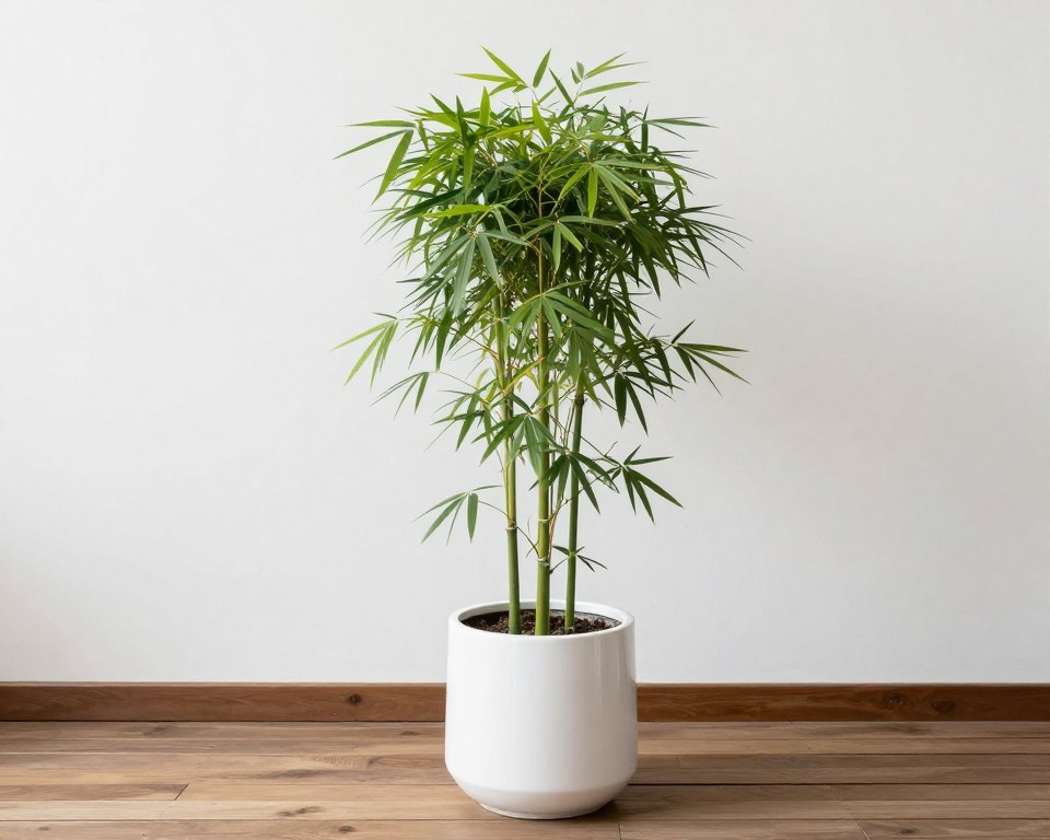 bamboo plant in minimalist white planter on balcony