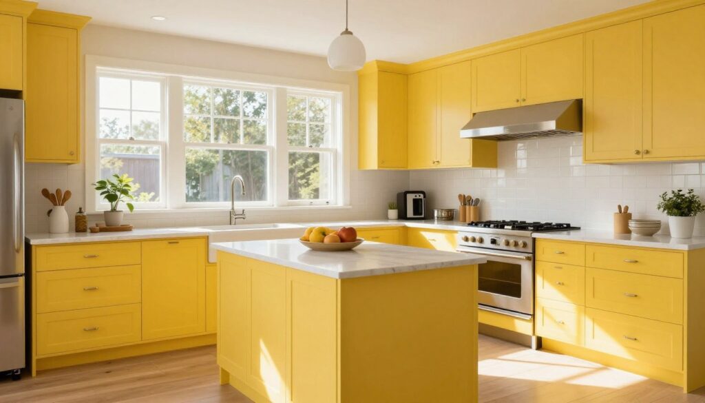 beautiful completed yellow kitchen showcasing successful design implementation