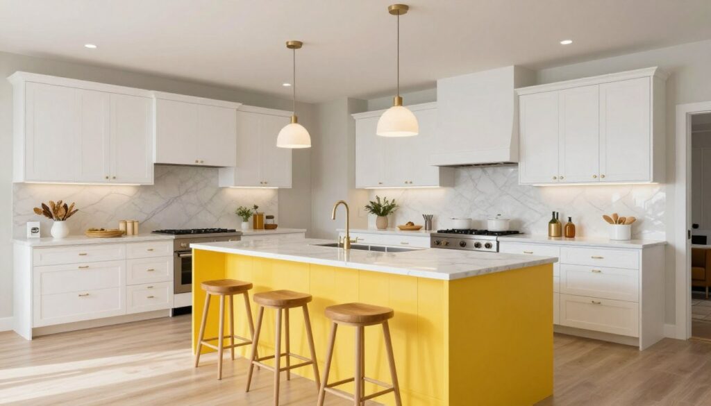bold yellow kitchen island with white perimeter cabinets