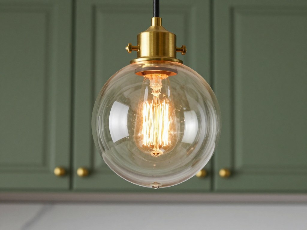 brass pendant light detail over olive green kitchen island
