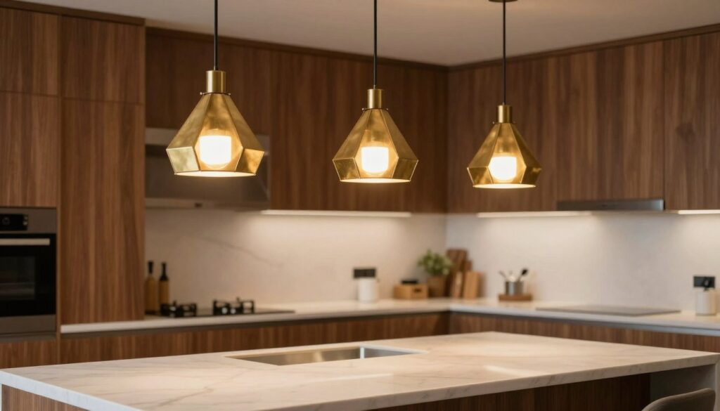brass pendant lights over kitchen island with walnut cabinets