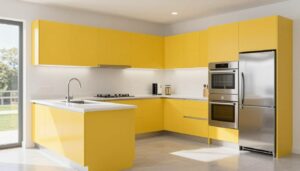 bright yellow kitchen cabinets in modern kitchen space with white countertops and natural light