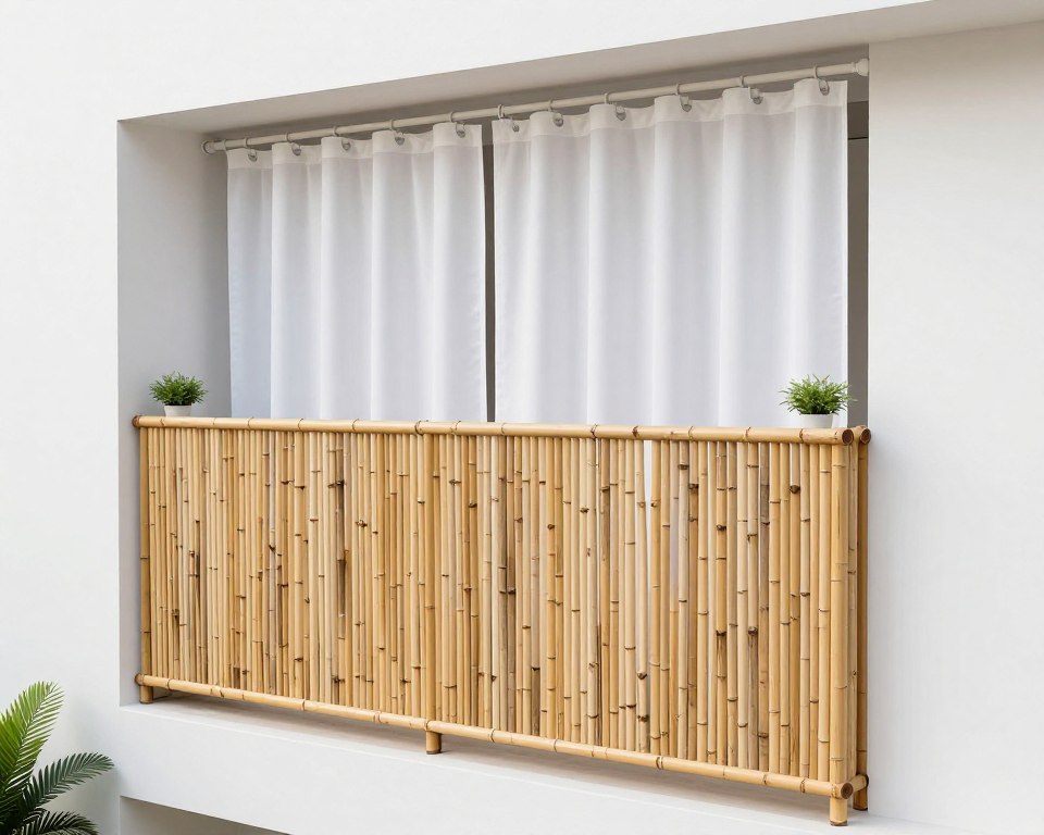 budget-friendly balcony privacy setup with bamboo roll and fabric curtains